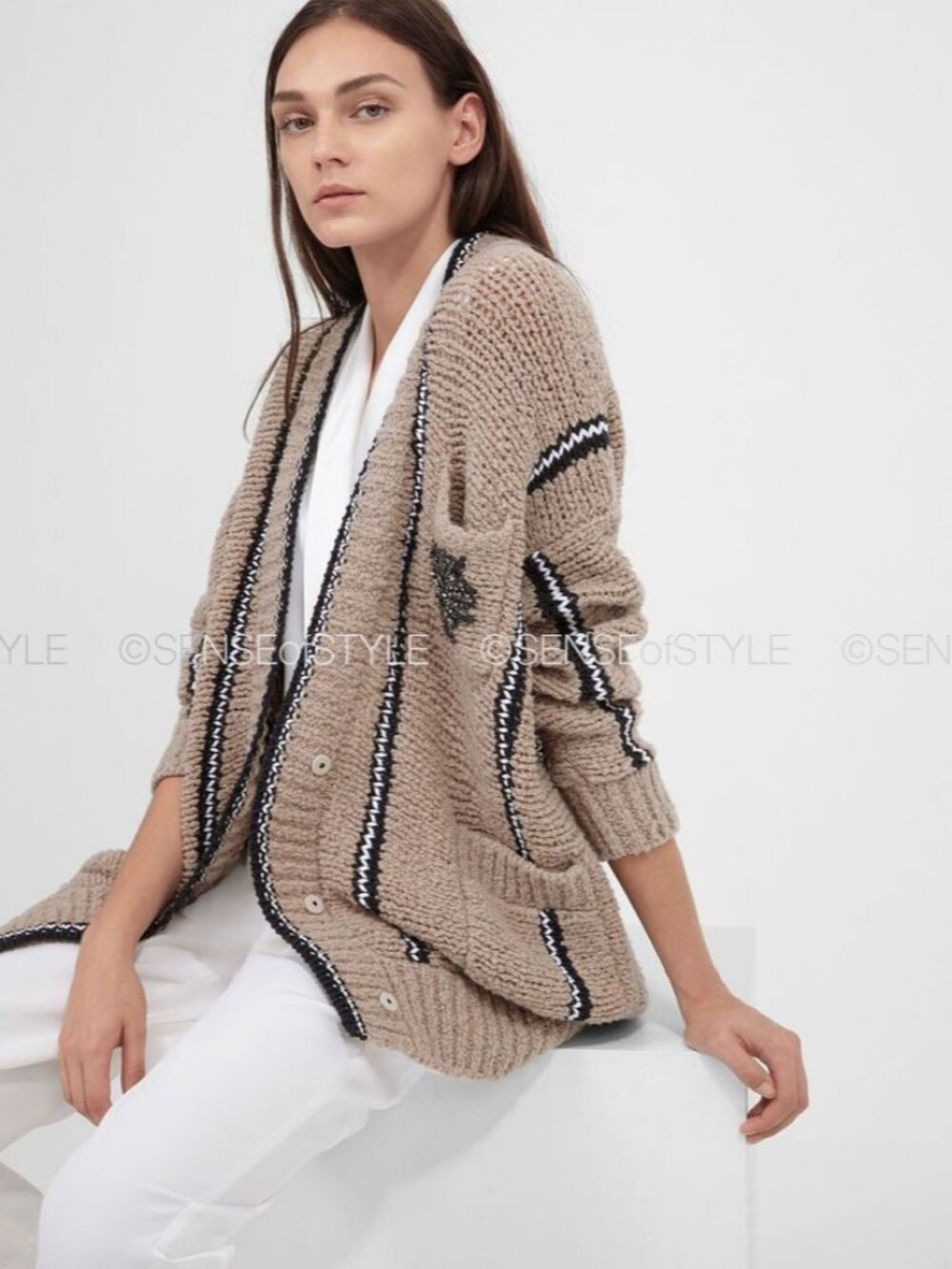 BRUNELLO CUCINELLI Women's Cardigan Sweater Crystals Monili Striped Size S